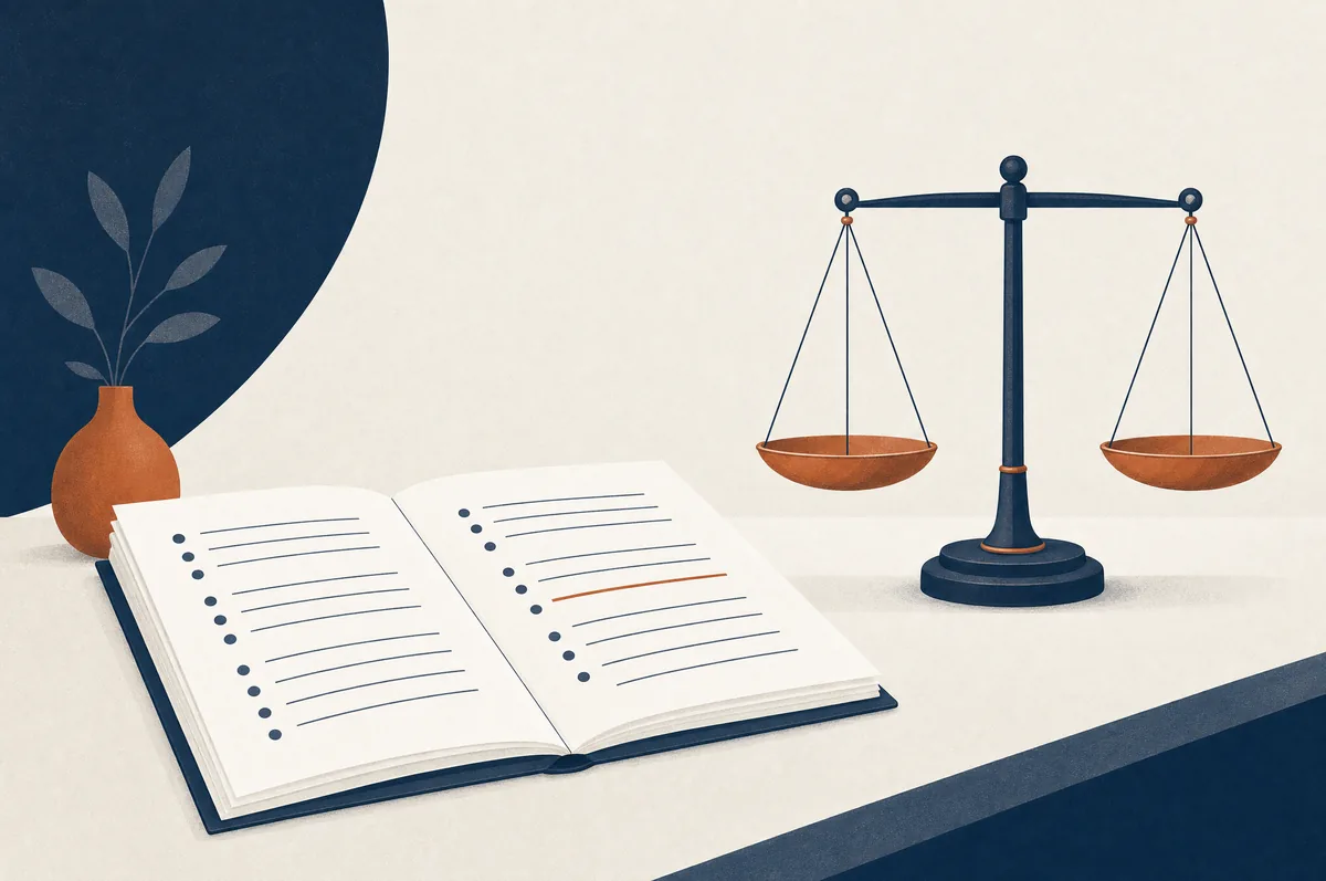 An illustration of an itemised document lying beside a balance scale in equilibrium, one line marked.